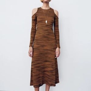 ZARA Cut Out Cold Shoulder Midi Ribbed Dress